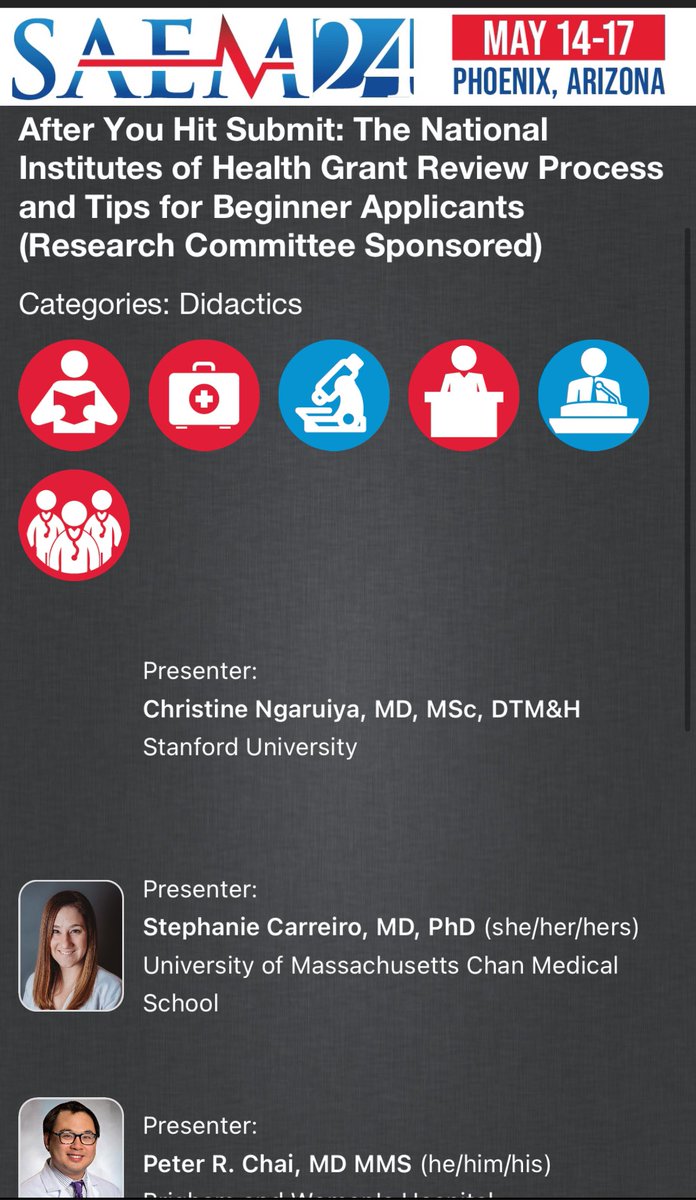 Excited to be back @SAEMonline #SAEM2024 demystifying the #grants process, sharing lessons that my peers and I have learned along the road to being successful #grant awardees! Join us! #emergencymedicine #academic #academia #research #publichealth