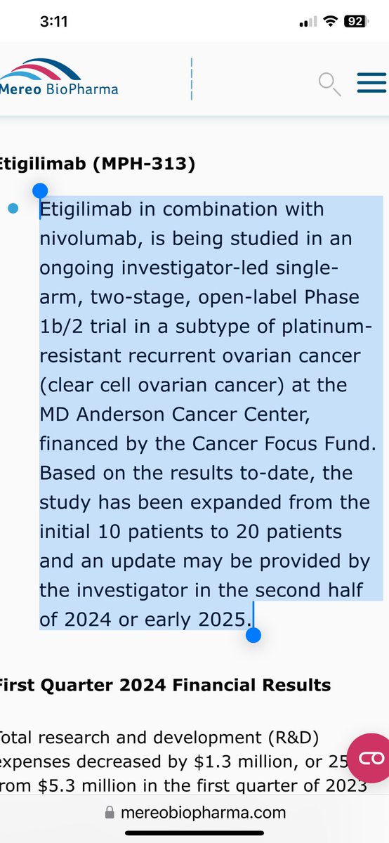 $MREO increased enrollment from 10-20 in open label Etigilimab in combination with nivolumab, is being studied in an ongoing investigator-led single-arm, two-stage, open-label Phase 1b/2 trial in a subtype of platinum-resistant recurrent ovarian cancer (clear cell ovarian cancer
