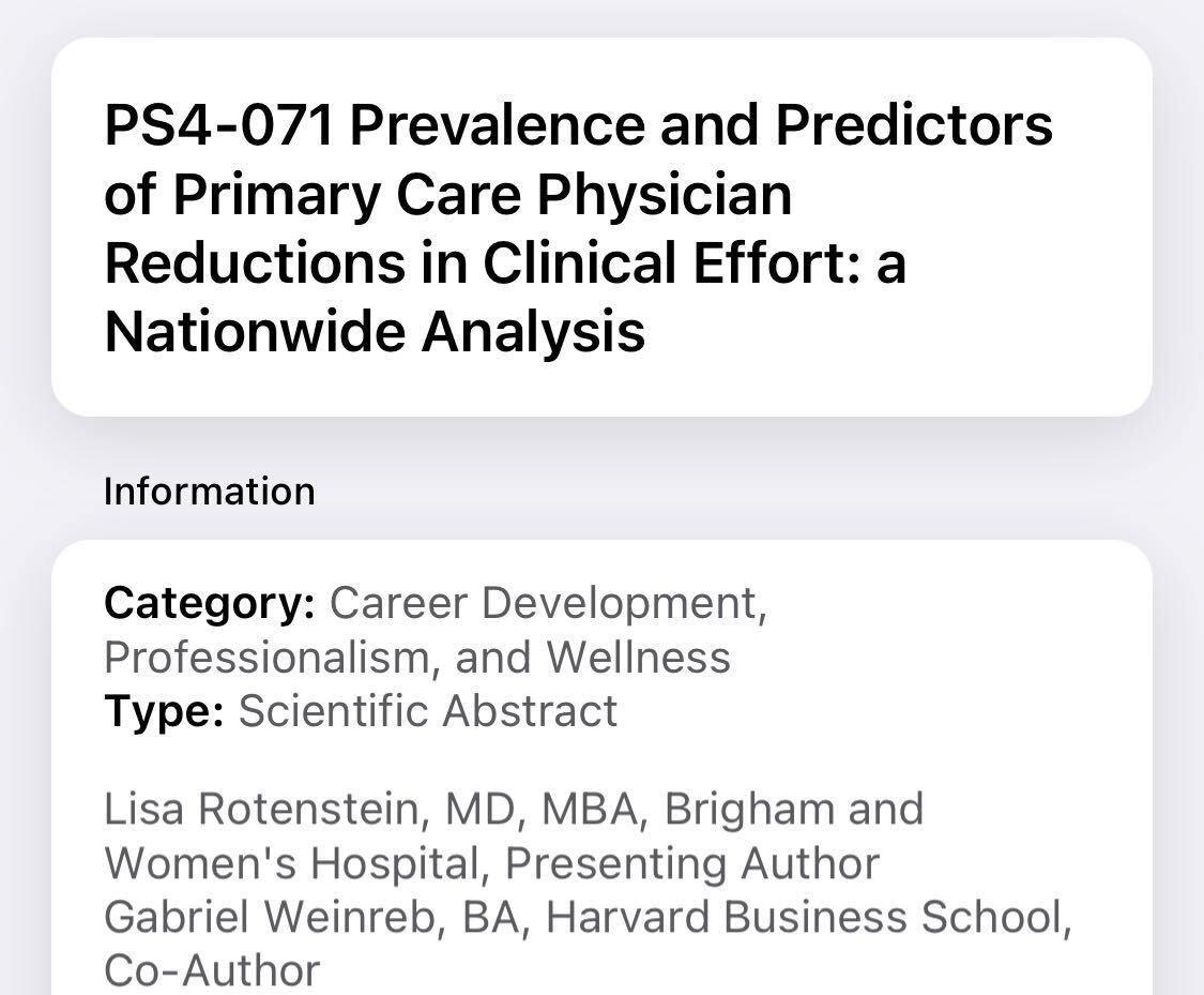 Center for Physician Experience (@cpe2_) on Twitter photo Hey #SGIM2024 attendees! Head over to Exhibit Hall today between 10-11:30 am EST to learn more about predictors of PCP reductions in clinical effort. This work is presented by Gabe Weinreb.
Work supported by <a href="/CPE2_/">Center for Physician Experience</a> . Hey #SGIM2024 attendees! Head over to Exhibit Hall today between 10-11:30 am EST to learn more about predictors of PCP reductions in clinical effort. This work is presented by Gabe Weinreb.
Work supported by <a href="/CPE2_/">Center for Physician Experience</a> .