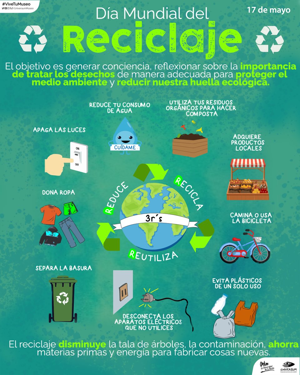 #UnDíaComoHoy es el Día Mundial del Reciclaje ♻️🤓

Ideal para recordar que un ambiente más limpio y sano requiere de la participación de todas y todos. 🌿🫱🏽‍🫲🏾👏🏾

Estas son unas formas de ayudar. 👇🏽

#ViveTuMuseo