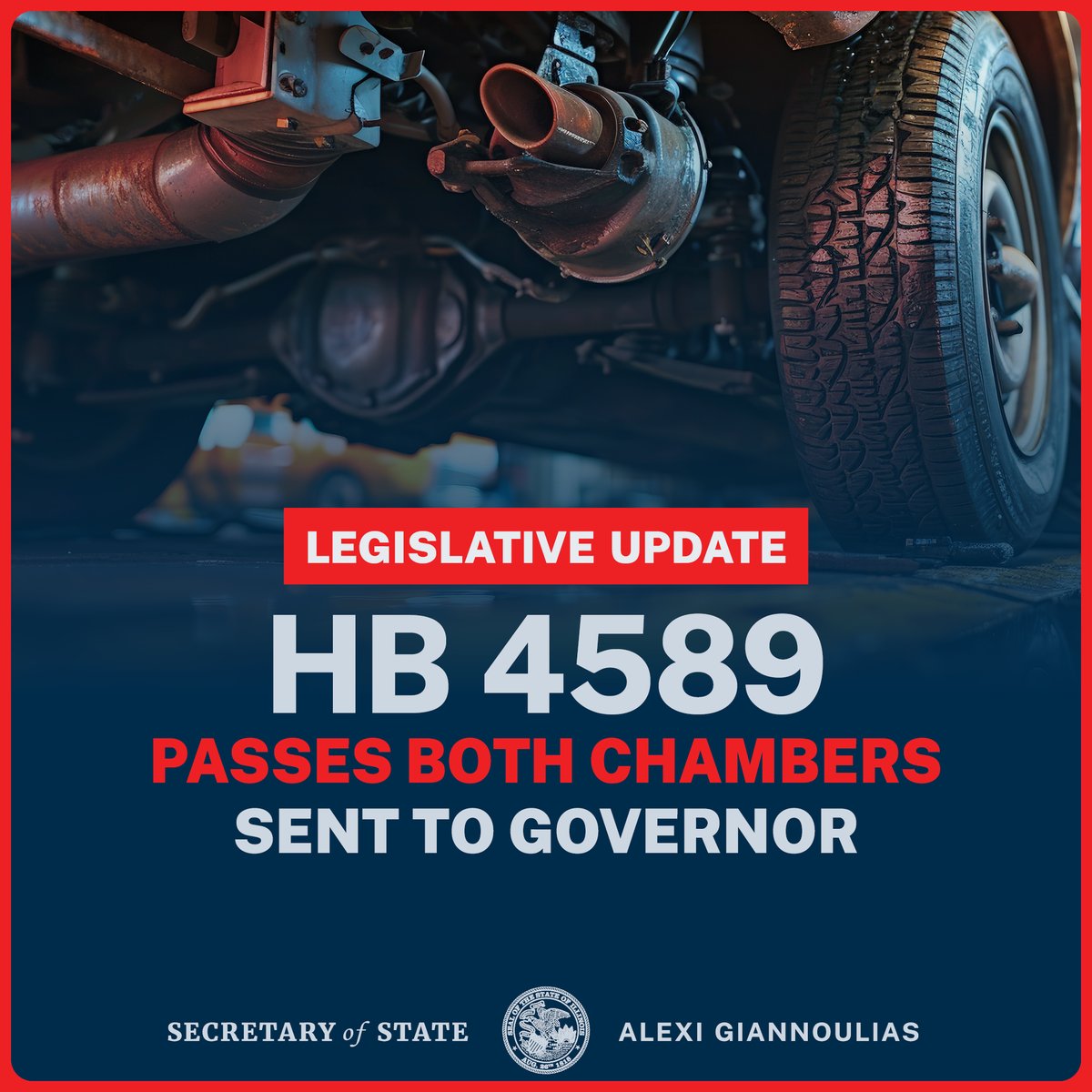 🚨 LEGISLATIVE UPDATE: House Bill 4589 – Preventing Auto Theft – has PASSED BOTH CHAMBERS and will be sent to the governor! The proposed legislation defines terms and makes technical changes to various Illinois laws regarding catalytic converters and their theft. #HB4589