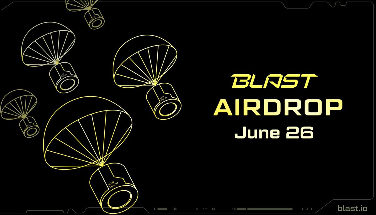 BREAKING: Blast announces airdrop date of June 26

The team says airdrop allocation will be increased due to delay and that 2 more Dapp Blast Gold distributions are coming.

Time to revise those Blast Gold estimates...