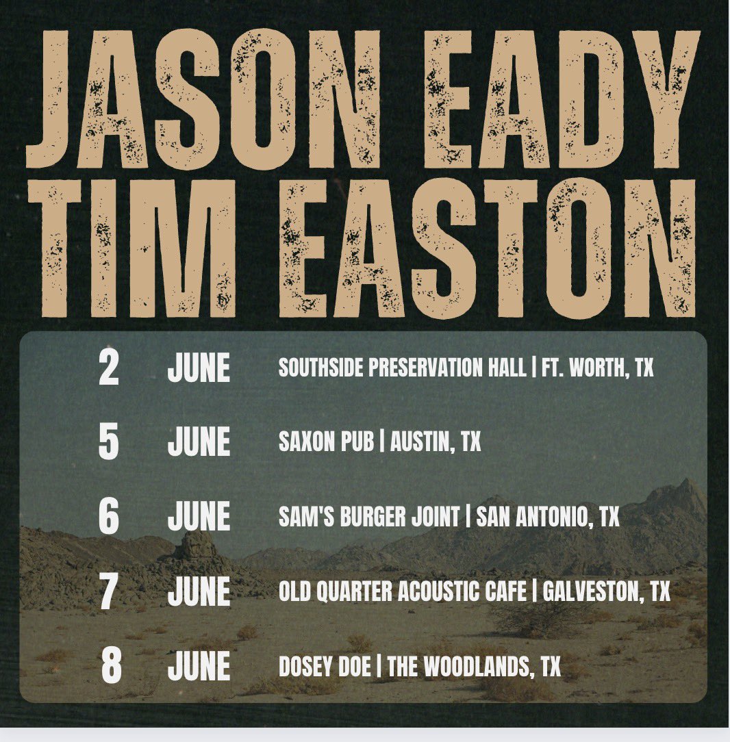 The Texas based songwriter @jasoneady & I will do a run of dates in Texas starting June 2nd in Fort Worth @southsidepreservation 6/5 Austin, TX* @thesaxonpub 6/6 San Antonio, TX* @samsburgerjoint 6/7 Galveston, TX* @oldquarterac 6/8 Woodlands, TX* @doseydoebbq