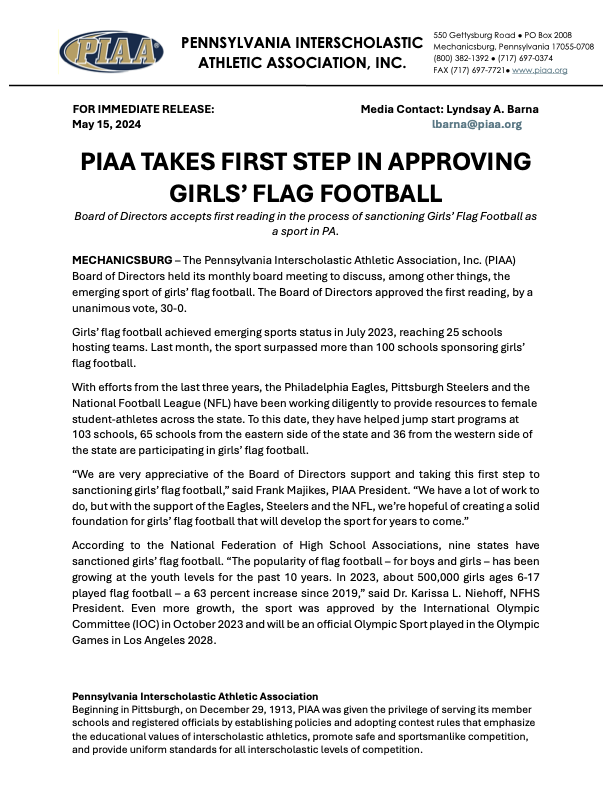 EPAFootball's tweet photo. PIAA takes first step in approving Girls' Flag Football