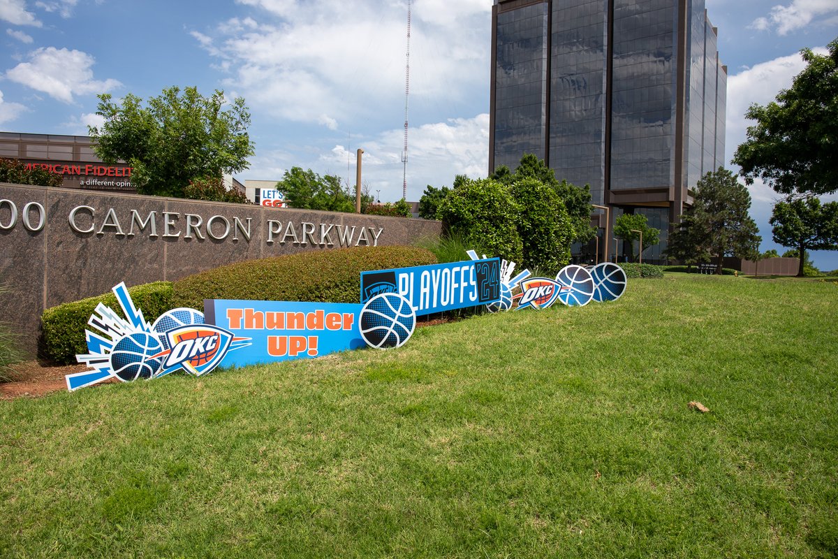 Our Home Office in Oklahoma City has been thunder struck with yard signs and a building banner to celebrate @okcthunder in the NBA Playoffs! Let's go Thunder! 🌩️🏀⚡