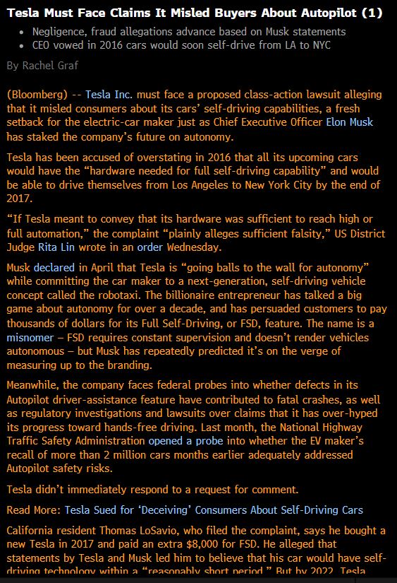 This is bad news for $TSLA Autopilot/FSD. The refunds of these products sold since 2016 alone would be >$6bn. Imagine the punitive damages. Here's how things could go: lawsuits like this blow holes in $TSLA's balance sheet, the stock dives & the Feds move in. H/T: @TylerHardt