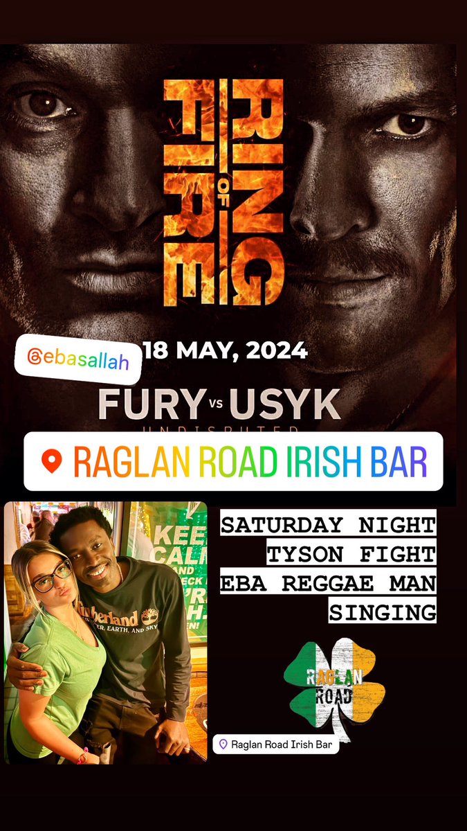 Boxing shown this Saturday night with live music from @Ebasallah The reggae man 🎉🥊Come see why we are the best #Irishpub in the city #Nottingham ☘️#Tysonfury
