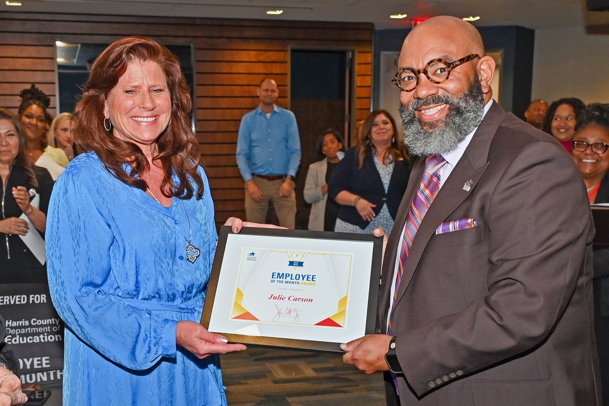 #HCDE recognized Julie Carson as the Employee of the Month for May during the regular monthly Board Meeting. The operations coordinator works to ensure the safety and beautification of our buildings. #BetheImpact 🎉