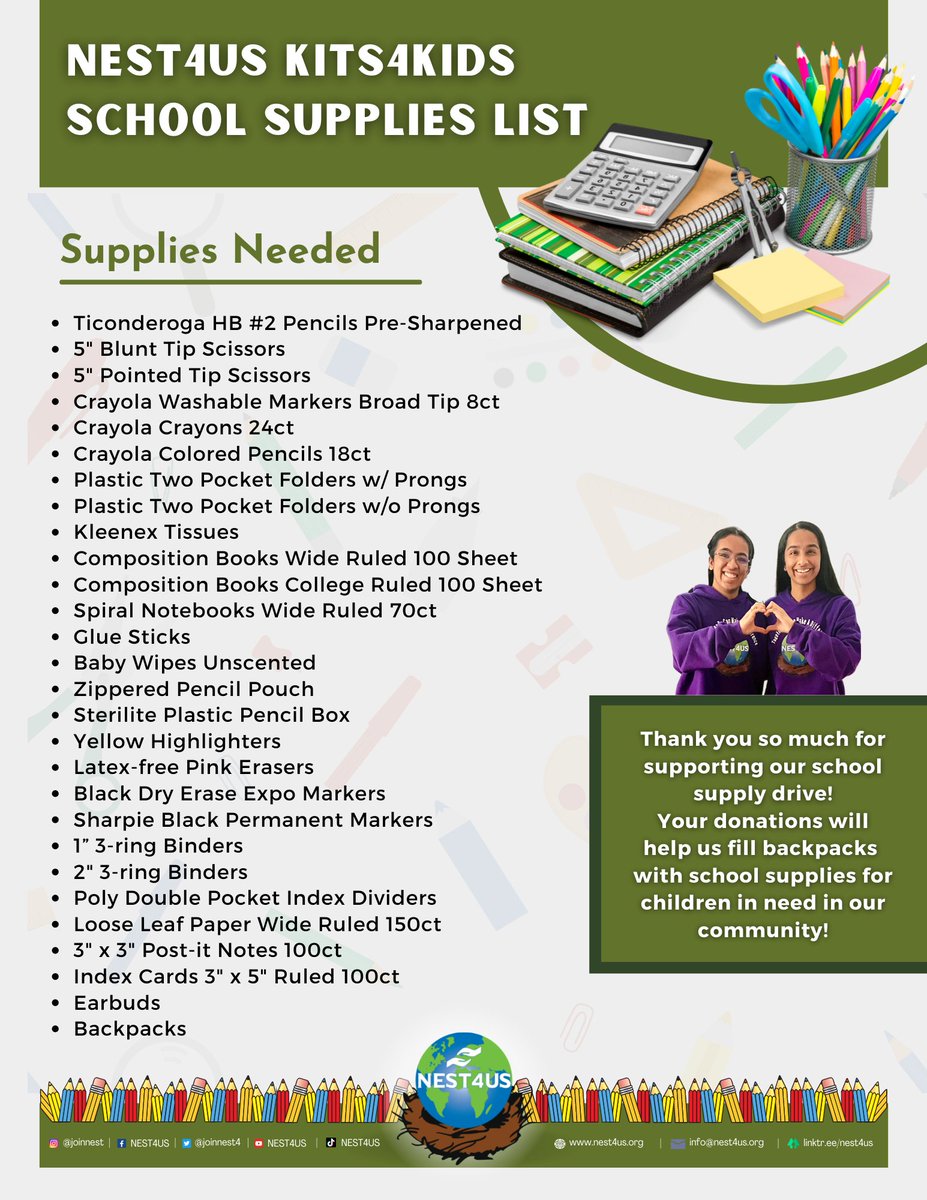 Unused school supplies✏️✂️📓 coming home from school yet? Donate them to Fitwize! We are collecting new supplies so our Kids Helping Community SUMMER CAMP can assemble Kits 4 Kids for Nest 4 Us for kids in need.

shorturl.at/oNQU5
#nest4us #kits4kids #fitwize4kidsashburn