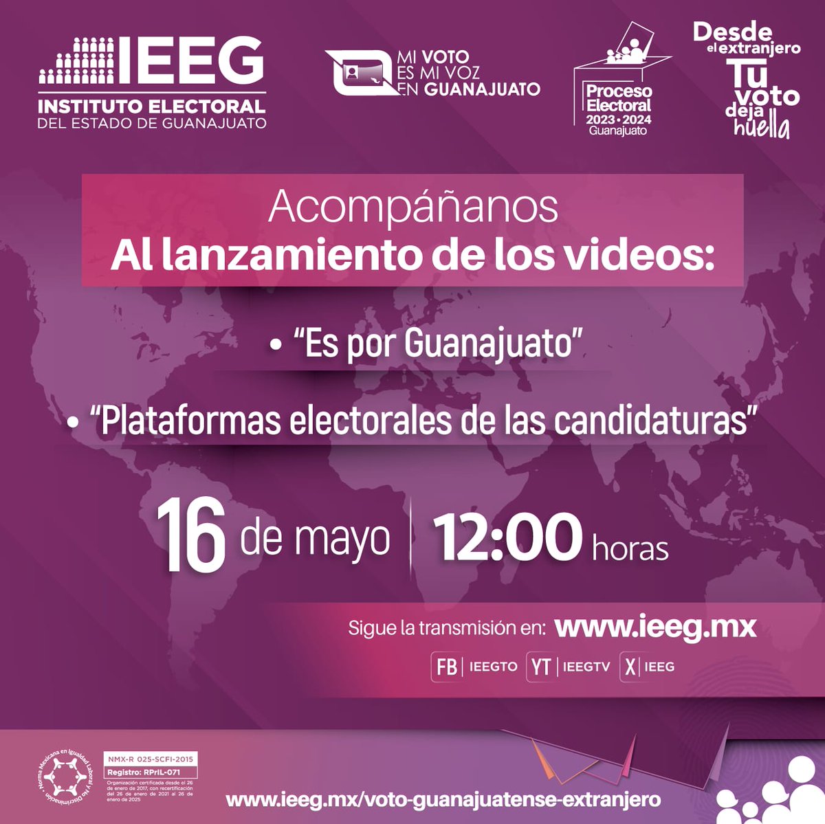 🟣 ¡Atención! Acompáñanos al lanzamiento de los videos: Plataformas electorales de las candidaturas. 🗳️🌎 Sigue la transmisión #EnVivo por nuestras plataformas. 📲🖥️ Desde el extranjero #TuVotoDejaHuella 👍🏼