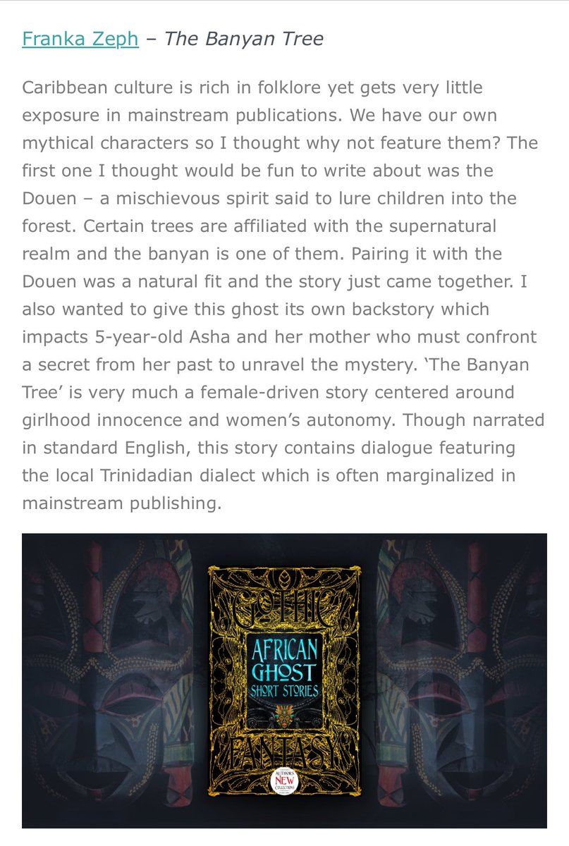 In “African Ghost Short Stories” Author Q & A @flametreepress I reveal what inspired me to write #Caribbean #horror tale THE BANYAN TREE. Check out the article here: blog.flametreepublishing.com/fantasy-gothic…

#Trinidad #blackhorror #ghoststories #blackwomenwriters #speculativefiction #femaledriven