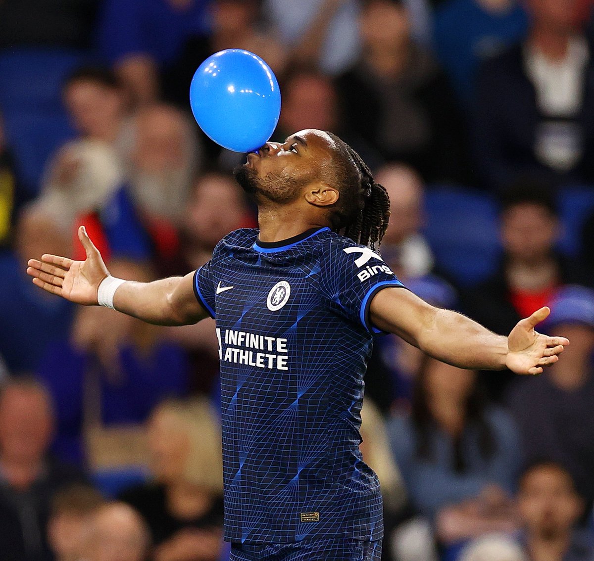 Christopher Nkunku with his first blue balloon celebration! 🤩🎈