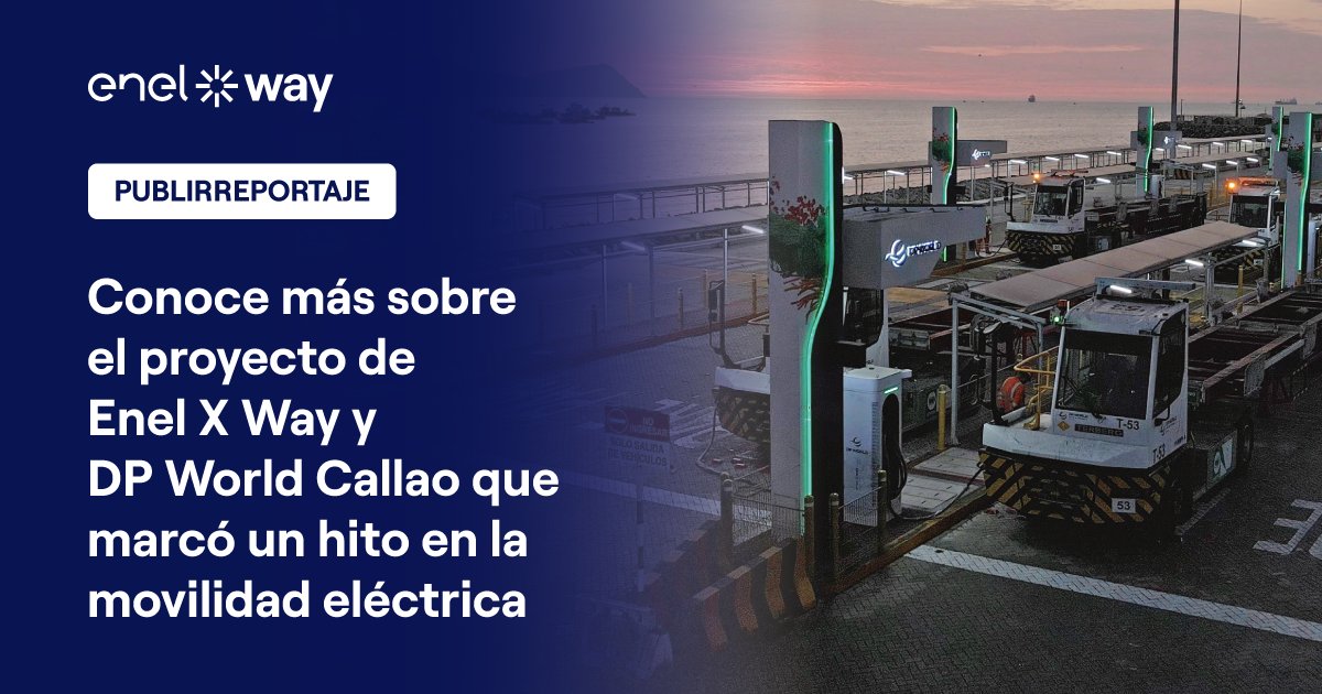 SEMANAeconomica's tweet photo. #Publirreportaje. Enel X Way ha inaugurado el primer patio de recarga de vehículos eléctricos en un puerto en Latinoamérica, junto a DP World Callao.
Conoce más aquí: https://t.co/FrwGnP6Wmo
#FollowTheWay #SomosMovilidadEléctrica #Innovación #EnelXWayPeru https://t.co/xkLwKVNNQs