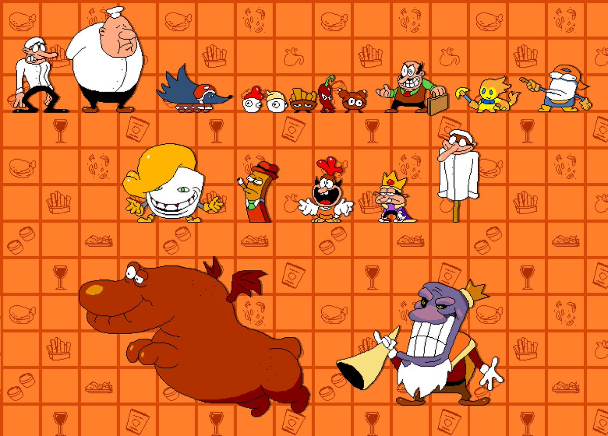 GRILLED CHICKEN DUNGEON (pizza tower PERU AU🇵🇪) 
-
Chili ceviche, Gaston, Shade an world ultimate delivery man, Ketchup, Mayonnaise, Fries, Panca Pepper, Thigh, Mr p, Imp, Bones jim, Lord mustard, The Godfrier, Pio chiky, King Chiky, Stick, Chicken dragon, King onpillars