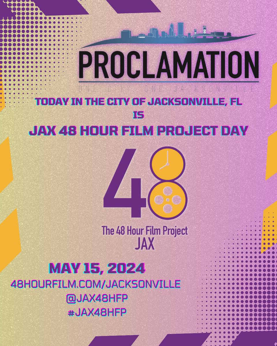 Today we celebrate & tomorrow we announce the date for this year’s film challenge.

Today in our @CityofJax, it has been proclaimed as “JAX 48 HOUR FILM PROJECT DAY”.

#JAX48HFP #BetOnJAX #DUUUVAL #DTJAX #SupportLocal #LoveOurLocals #FilmJax #JAX #Jacksonville #48HFP #iLoveJAX