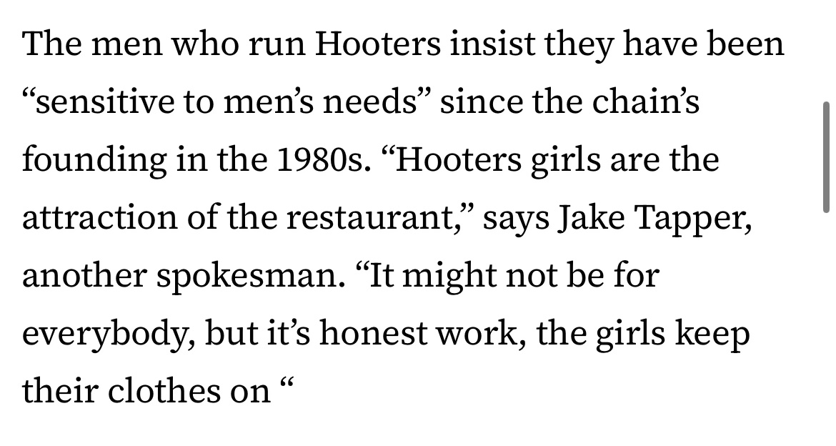 This is true. Jake Tapper was also a Hooters PR flack.