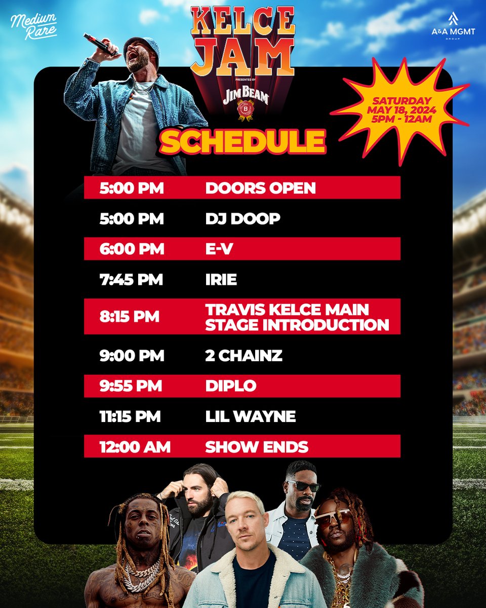 Plan your Saturday at Kelce Jam Presented by @JimBeam with the official schedule! Get ready to experience unforgettable performances by @LilTunechi, @Diplo, @2Chainz and more. 🏈 🏆 Tickets are running low and the fest will SELL OUT - get yours now at KelceJam.com!