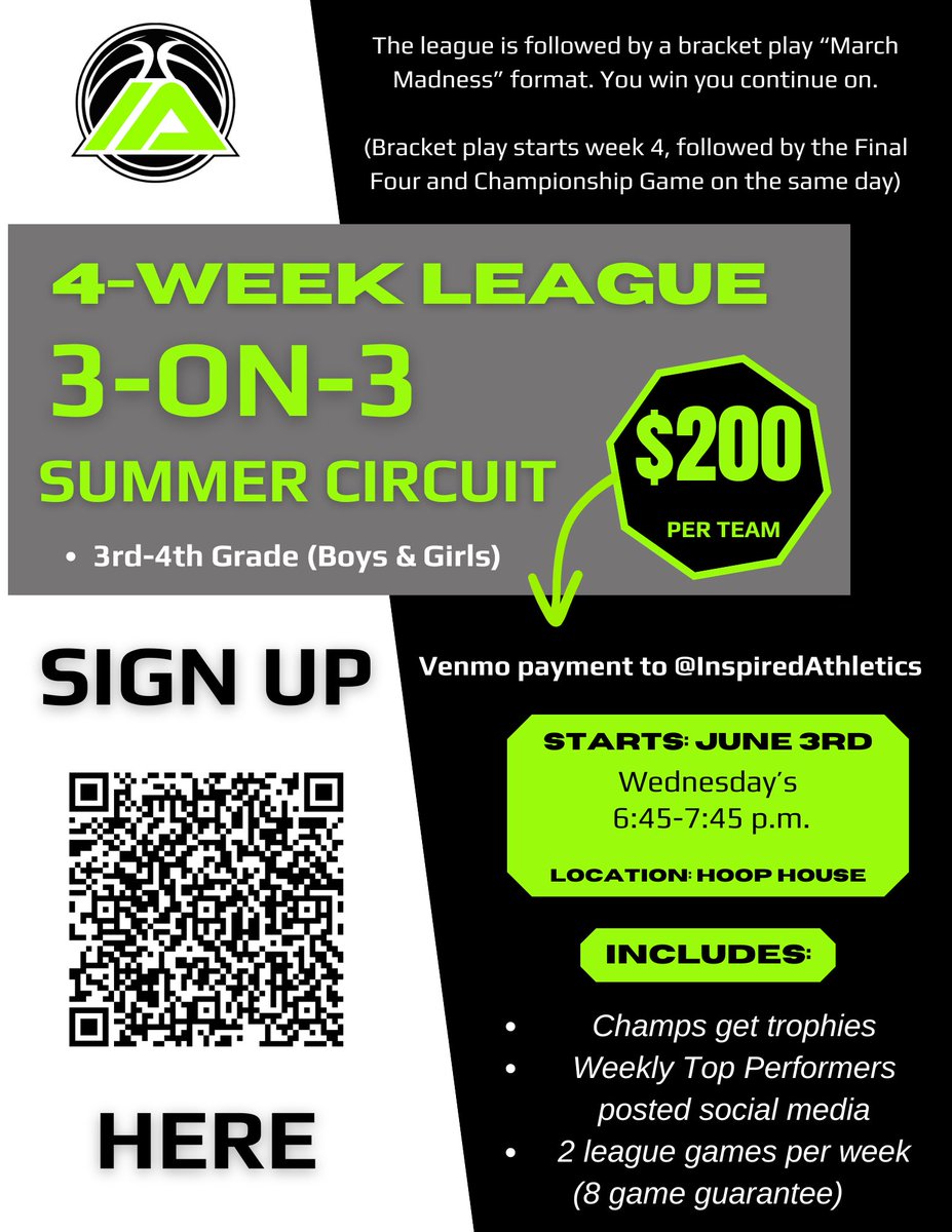 🚨 IA 3-on-3 Summer Circuit 🚨 We are holding a 4-week summer circuit for all 3rd & 4th graders that starts June 3rd. Cost: $200/team (Venmo @inspiredathletics) Use the QR code below to sign up today or follow this link: shorturl.at/bBRV7 #InspiredAthletics