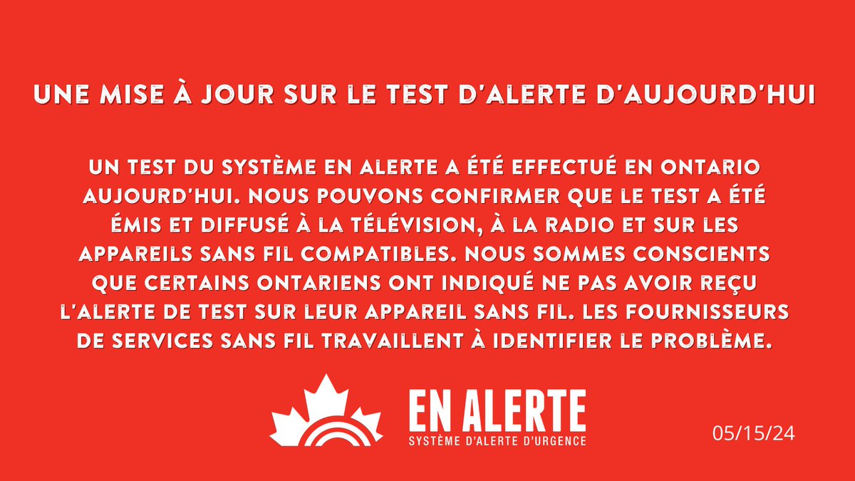 Le test #EnAlerte en #Ontario aujourd'hui est un exemple de la raison pour laquelle nous testons le système. Cela permet de nous assurer qu'il fonctionne comme prévu et de déterminer les ajustements nécessaires afin de garantir la sécurité de tous.