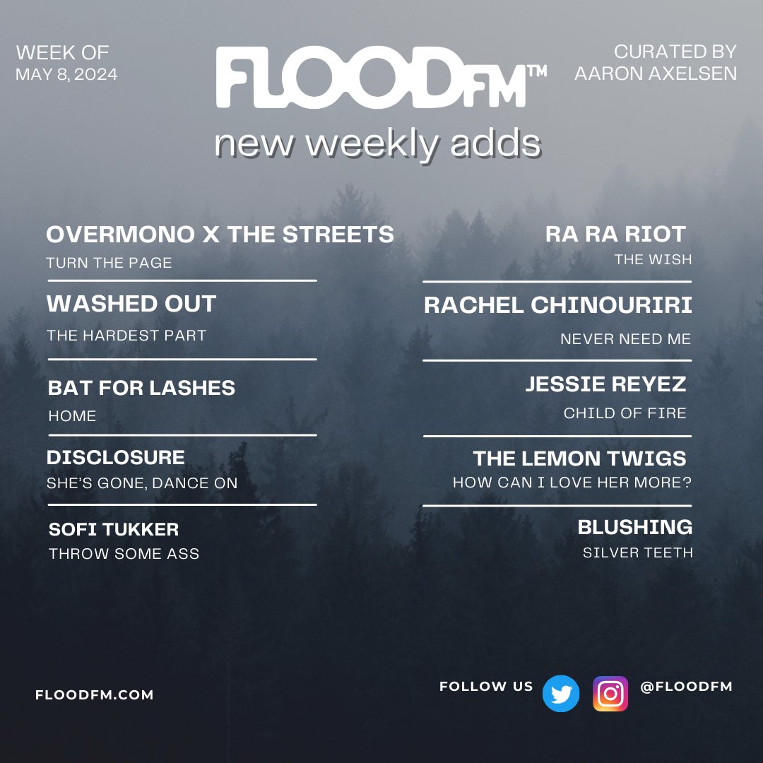 The latest new music treasures added to FLOOD FM radio!📻

🪙 @sofitukker 
🪙 @hindsband 
🪙 @beabad00bee 
🪙 @TesselaMusic 
🪙 @kacyhill 
🪙 @remiwolf 
🪙 @rarariot 
🪙 @realwashedout 
🪙 @BatForLashes 
🪙 @disclosure 
🪙 @Jessiereyez 
🪙 @thelemontwigs 

@floodmagazine @subpop