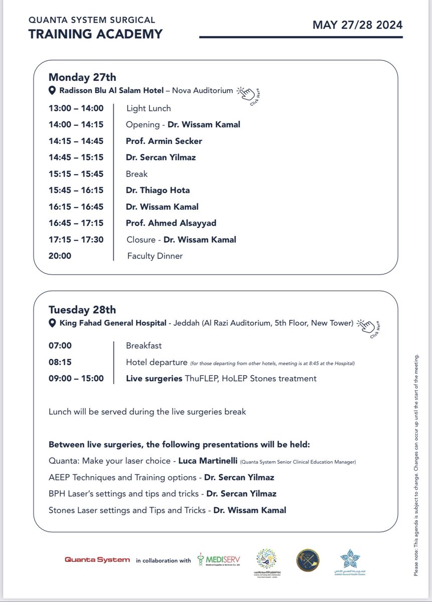 Dear friends We are collaborating with Quanta System and Mesiserve in a master class about laser applications in Prostate and Stones. Life-transmitted Holep procedures from King Fahad Hospital O.R to the auditorium of the hospital I hope to see you all there.