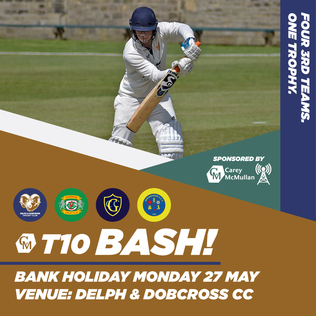 delphcricket's tweet photo. 🌟 Mark your calendars! The Carey McMullan #T10Bash is coming to the club on Bank Hol Mon May 27th! Our 3XI take on local rivals in a fast-paced tournament with @FriarmereCC , @springheadccc  &amp; @Greenfield_C_C all involved! #UptheDelph 💙💛

Read more: https://t.co/3cy6ZJzlSv https://t.co/nc4zCsbMQk