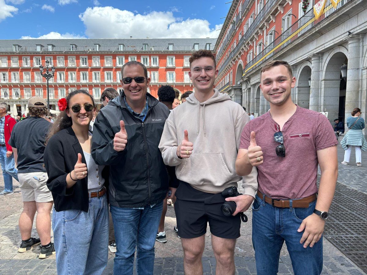 When you run into Dr. Tipton in Madrid!!

These three members of the #AggieCorps &amp; the Fightin’ Texas Aggie Band are currently in Spain for a Corps Excursion trip, and they found Associate Director Dr. Tipton! Good Bull!
