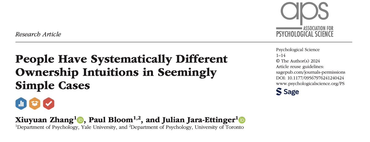 flora_xy_zhang's tweet image. Many objects we interact with are owned by someone, but ownership information is not always in plain sight. With @Paulbloomatyale and Julian Jara-Ettinger, we look at how people decide when ownership is transferred.
Now available @PsychScience: shorturl.at/tABK4
1/7