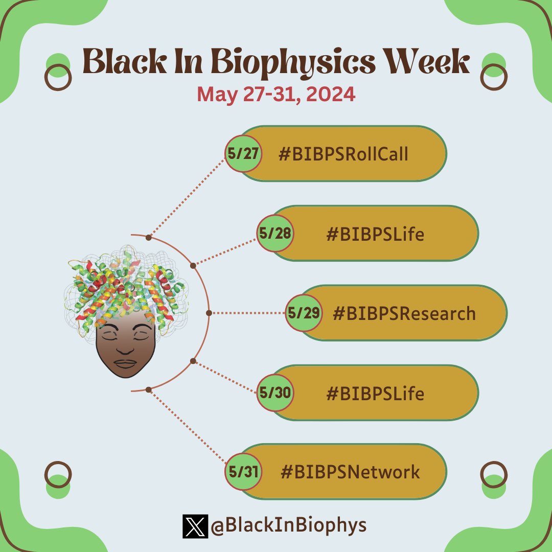 We are excited to share our EVENTS for #BlackInBiophysicsWeek2024!!! 🙌🏾 We will be hosting #BIBPSWeek from Monday, 5/27 to Friday 5/31. RT and help us spread the word! A thread of Events below👇🏾 #BIBPS24 #BlackInBiophysics @BiophysicalSoc @blackinxnetwork @EEJustLSSociety