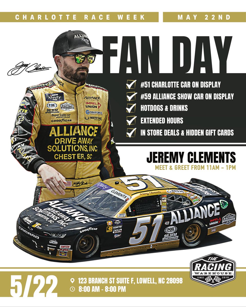 ⭐️CHARLOTTE RACE WEEK IS ALMOST HERE⭐️ Come join us Wednesday, May 22nd for TRW Fan Day! ☀️🏁 We will have Jeremy Clements Racing here from 11am-1pm with his 2024 Charlotte Car 🤠 Also on display will be #59 Robert Pressley Restored Busch Series Alliance Trucking Show Car 🔥
