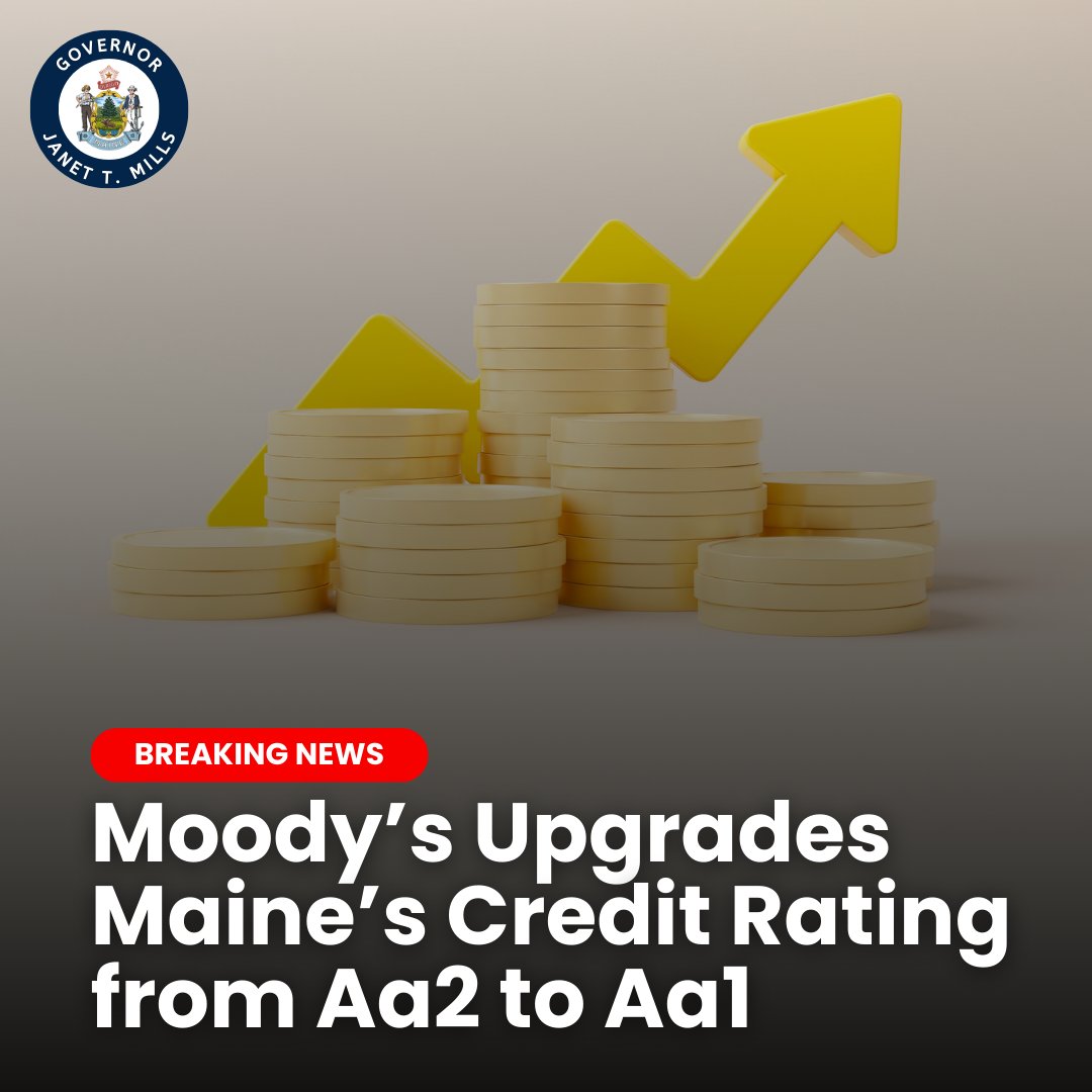 I'm pleased to announce that @moodysratings has upgraded Maine's credit rating from Aa2 to Aa1 -- their second highest possible rating.