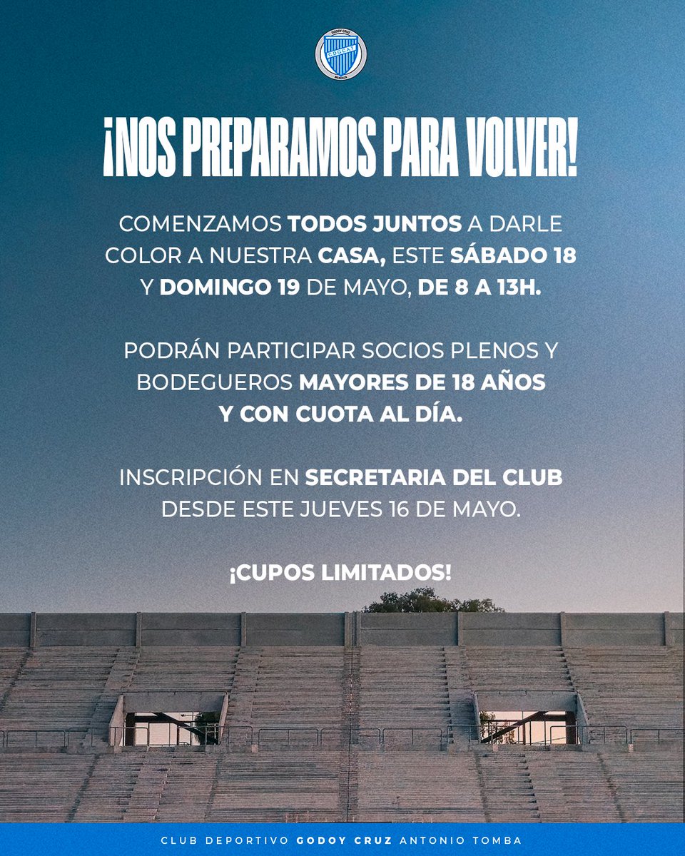 ¡𝗡𝗢𝗦 𝗣𝗥𝗘𝗣𝗔𝗥𝗔𝗠𝗢𝗦 𝗣𝗔𝗥𝗔 𝗩𝗢𝗟𝗩𝗘𝗥! 🙌🏠🙌

Este sábado 18 y domingo 19 de mayo, de 8 a 13h, TODOS JUNTOS comenzamos a darle color a nuestra casa 🤝💙🤍💙

Esperamos a todos los Socios Plenos y Bodegueros, mayores de 18 años y con cuota al día, para iniciar y