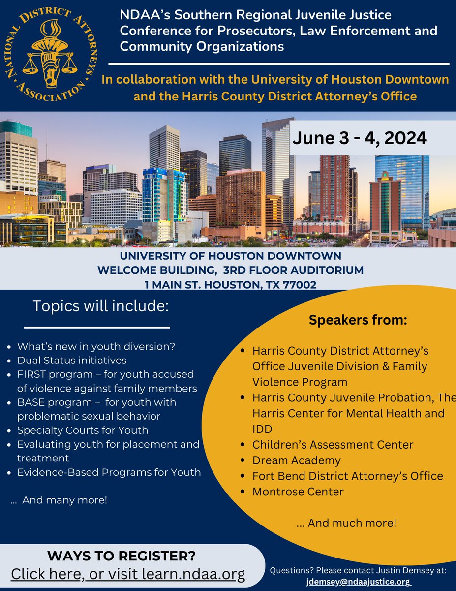 📢 Calling all prosecutors, law enforcement, and community leaders! Join us at the 2024 NDAA Southern Regional Juvenile Justice Conference, June 3 - 4 in Houston. Discover community-based interventions for youth. FREE. Register now – spaces are limited! bit.ly/4aBEJoF