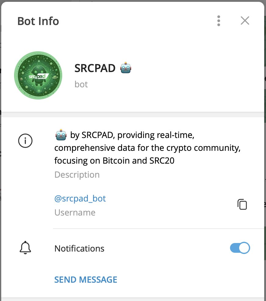 srcpad_pro's tweet image. 🚀 Exciting Announcement! 🚀

We are thrilled to share that our SRCPAD_Bot is now live on Telegram! 📲 This powerful bot by SRCPAD provides real-time, comprehensive data for the crypto community, focusing on Bitcoin and SRC20 tokens. 

Stay updated with:

Tier Information: Get…