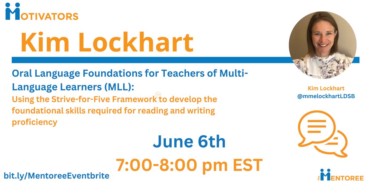 @MmeLockhartLDSB has led work in our community on reading and writing in FSL. We are so excited that Kim will be leading an event on June 6th on Oral Foundations for Teachers of Multi-Language Learners from 7:00-8:00 pm EST. Learn more and register at bit.ly/MentoreeEventb….