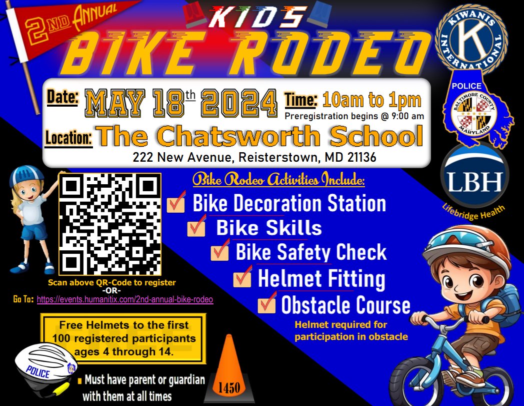 Join #BCoPD's #Franklin Precinct members and community partners from 10 a.m. to 1 p.m. this Saturday, May 18 at the Chatsworth School for a Bike Rodeo!🚴‍♂️🚴🏽Free helmets to the first 100 registered participants. Register: events.humanitix.com/2nd-annual-bik… #bicycle #bike #rodeo #community