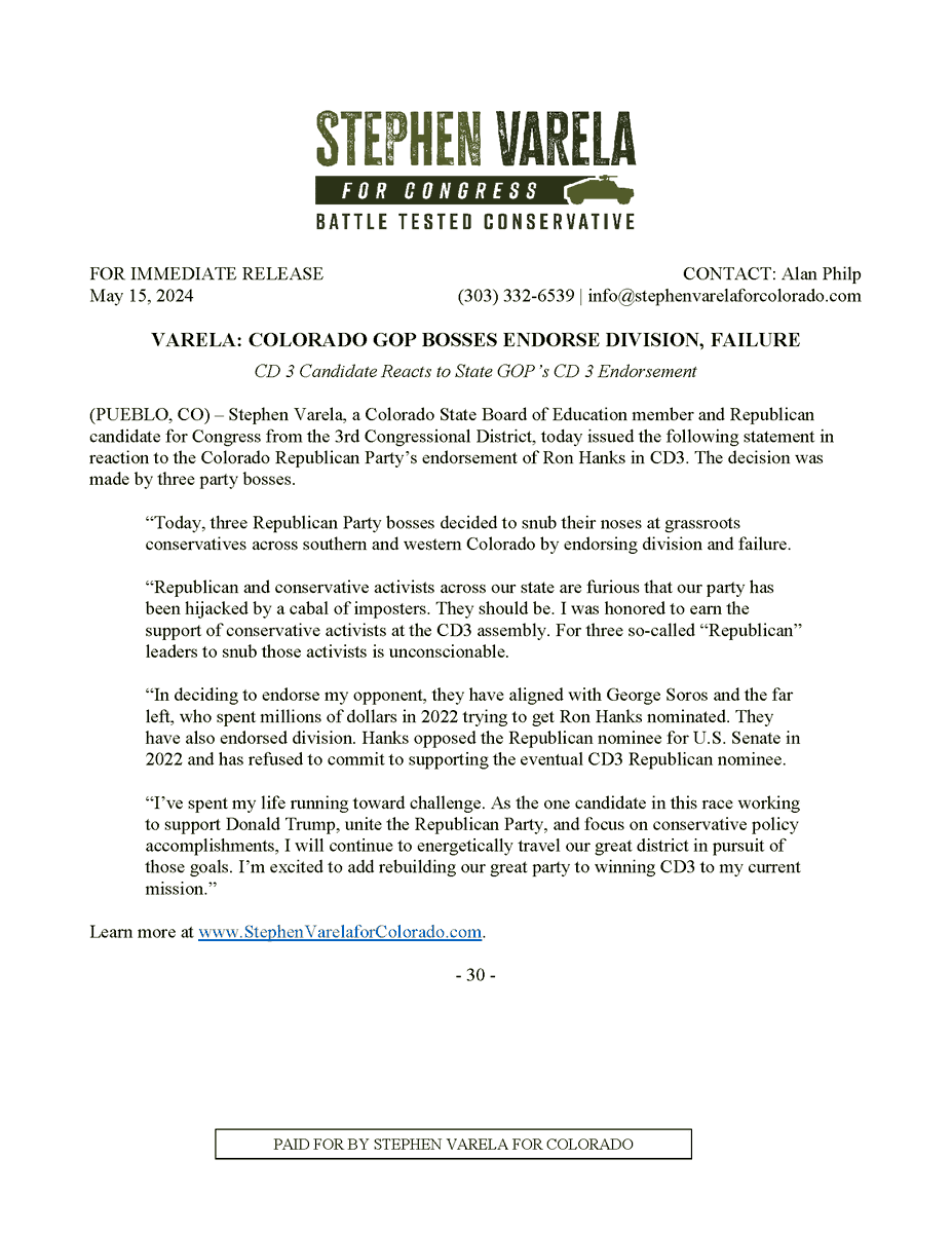 Today, three Republican Party bosses decided to defy grassroots Republicans, side with George Soros and the far left, and interfere in the CD3 primary on behalf of my opponent. My statement. #CO03