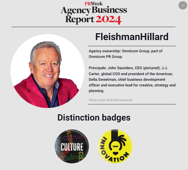 Agency Business Report 2024: @Fleishman CEO John Saunders called 2023 the firm’s ‘second-best year ever’ after overcoming fears of a recession. brnw.ch/21wJOIf

#ABR2024 #AgencyBusinessReport #FleishmanHillard #PublicRelations