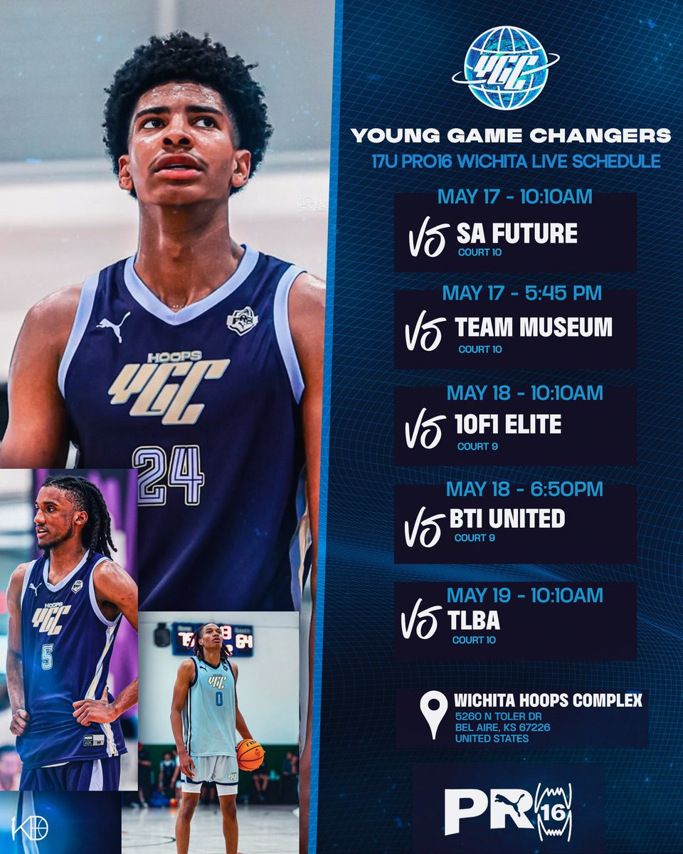 🚨 Coaches & Media 🚨 It’s that time again, here is our YGC 17u Pro16 Schedule and roster for the 1st live period of the season 🌐! 📍: @Wichitahoops 5260 N. Toler Dr. Bel Aire, KS @CoachKevinDTX | @Coach_J_Walk #YoungGameChangers | #PumaHoops