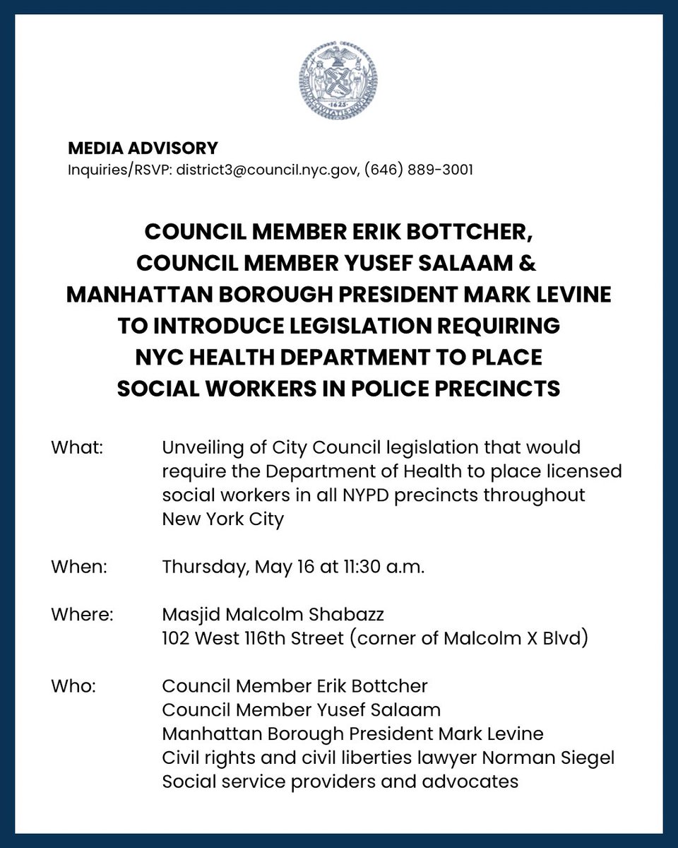 At tomorrow’s stated meeting I will be introducing legislation in partnership with @dr_yusefsalaam and @MarkLevineNYC that would require @nycHealthy to place a social workers in every police precinct. (cont.)