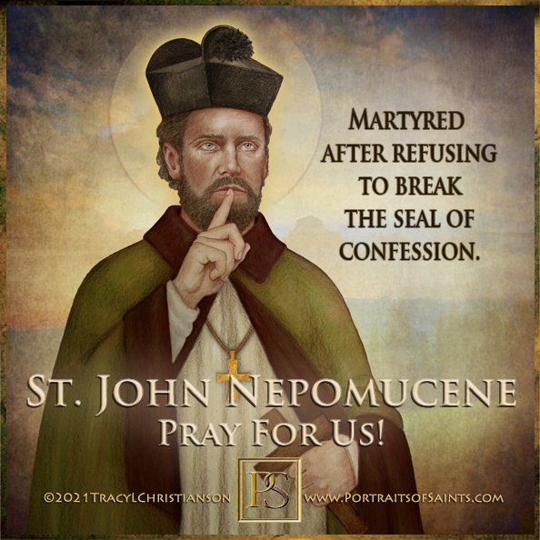 Happy Feast Day St. John Nepomucene, pray for us!   He is known as the “Martyr of the Confessional” after refusing to divulge the Queen's confession. The King in his rage had him killed. Five stars were seen over the spot where he drowned.  bit.ly/37U4dT6