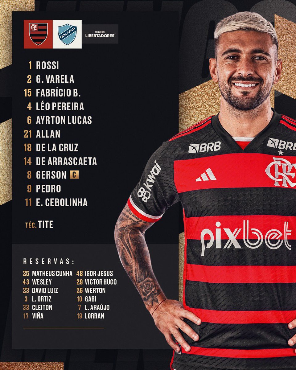 Flamengo's tweet photo. NOSSO TIME É A GENTE EM CAMPO! O MENGÃO ESTÁ ESCALADO PARA ENFRENTAR O BOLÍVAR, PELA @libertadores! 

#VamosFlamengo #FLAxBOL https://t.co/bc0yS6mcCC