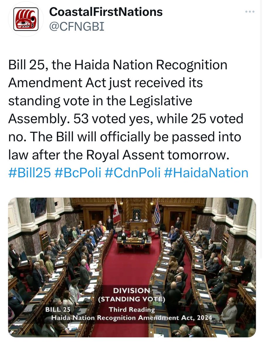 It’s not every day we get to be a part of history. The B.C. Legislature just passed the Haida Nation Recognition act. ☑️ after 150 years we are affirming what has always been true ☑️ 50 years since the Haida formed their national government ☑️ today we passed the bill …