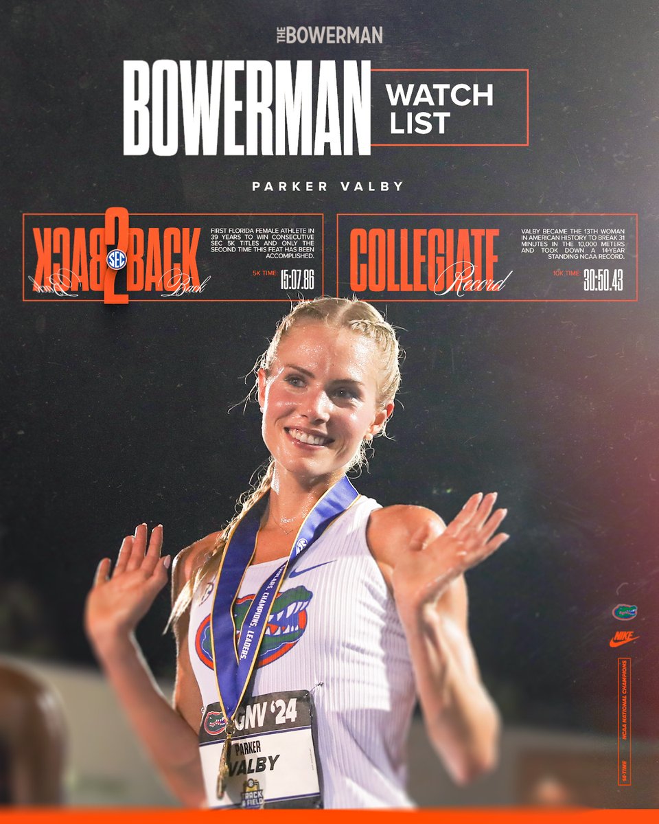 Update #⃣7⃣ | Parker adds SEC 5k Title🥇

@parker_valby makes her seventh appearance on The Bowerman Watch List‼️

📰 bit.ly/4bHyQX5

#GoGators 🐊 | @thebowerman