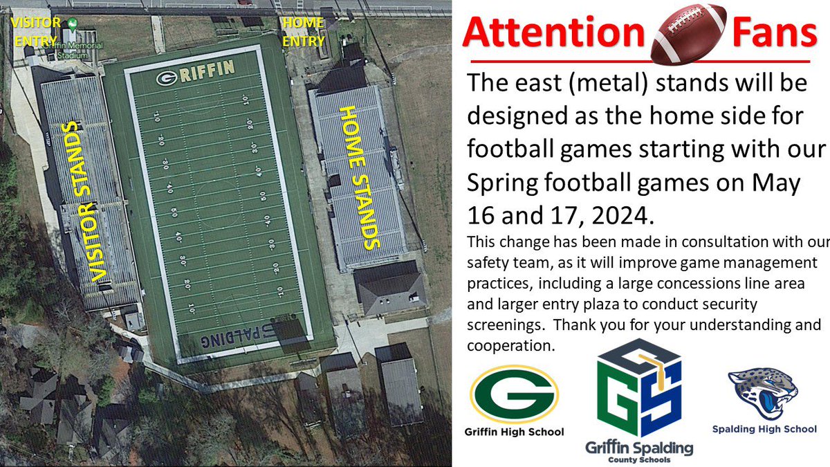 Attention @TheGriffinBears @SpaldingHigh fans - starting with our spring games this year the metal stands will serve as our home stands. Enter via the new home entrance at the intersection of 4th St & Poplar St. @GriffinSpalding @high_spalding @GriffinFB1