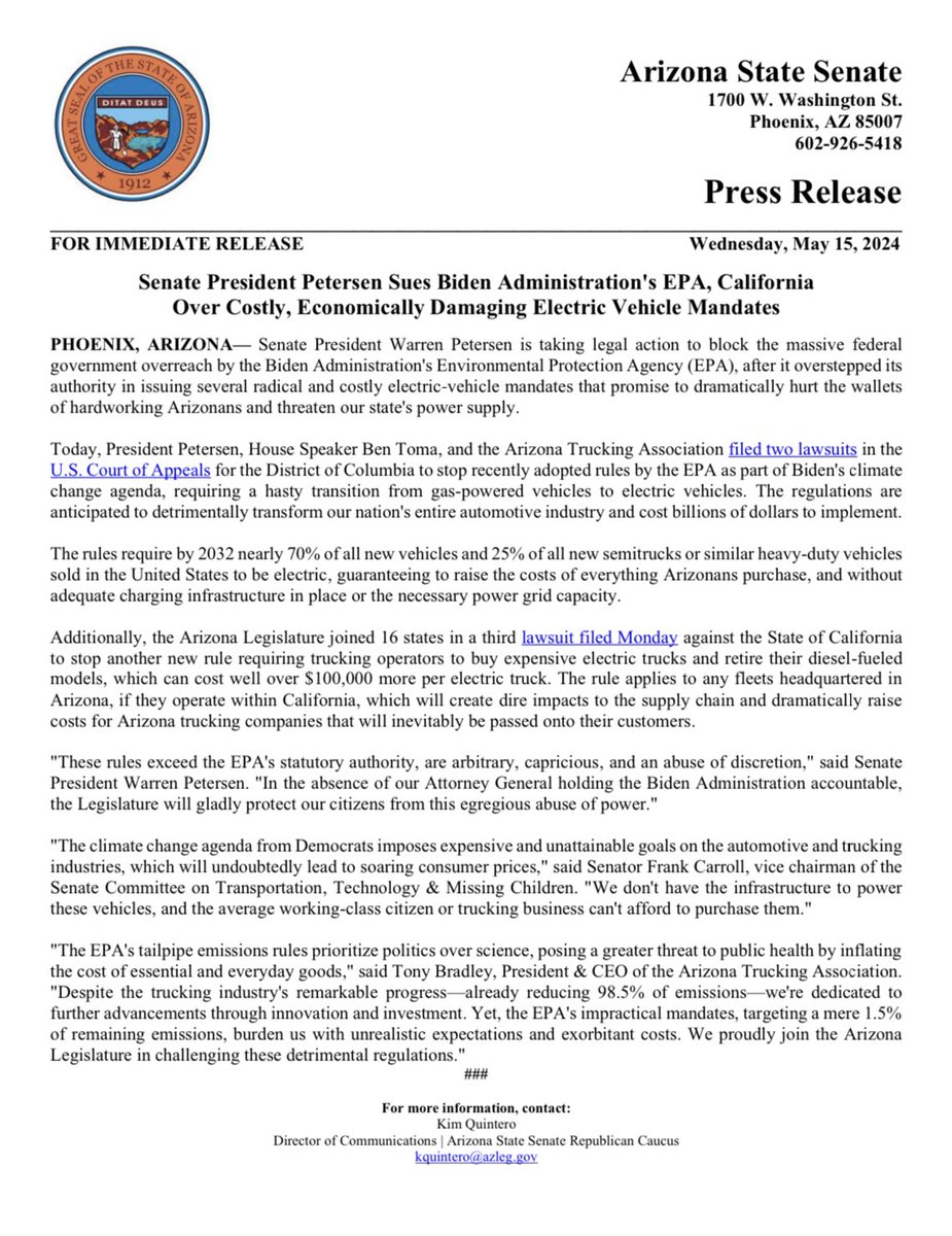 🚨FOR IMMEDIATE RELEASE: Senate President @votewarren Sues Biden Administration's EPA, California Over Costly, Economically Damaging Electric Vehicle Mandates