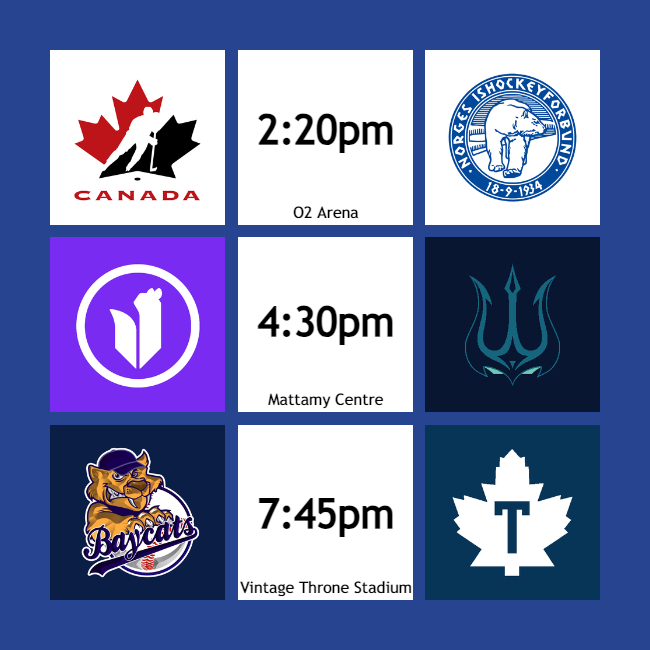 📅GAMEDAY📅

🏒 @HockeyCanada at 2:20pm (O2 Arena)
🖥️ @TorontoUltra at 4:30pm (@MattamyAC)
⚾️ @IBLMapleLeafs at 7:45pm (Vintage Throne Stadium)

#TorontoSports #MensWorlds #StrengthInTheNorth #FillTheHill
