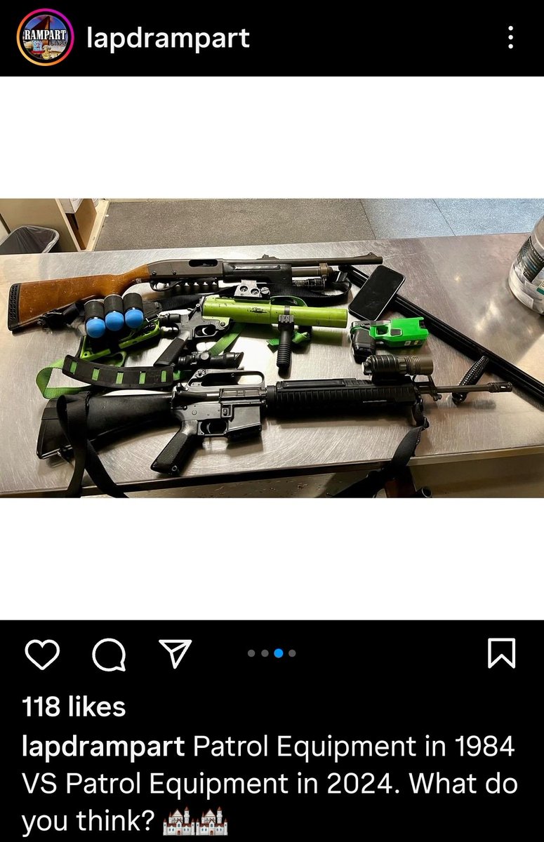 Oh nbd just the LAPD flexing on Instagram how much more militarized they are now than in the 80s. We don't get public bathrooms, parks, or school funding so they can flex their torture toys on us.