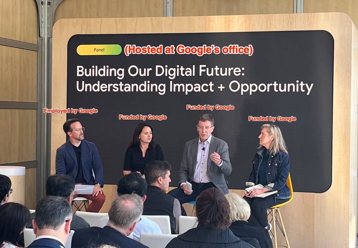 A good example of how Big Tech can dominate public policy discourse. This panel at Google's office features reps from a trade org (CTA) and think tanks from both the right (AEI) and left (New America), all funded by Google. What does this mean for AI and competition policy?🤔