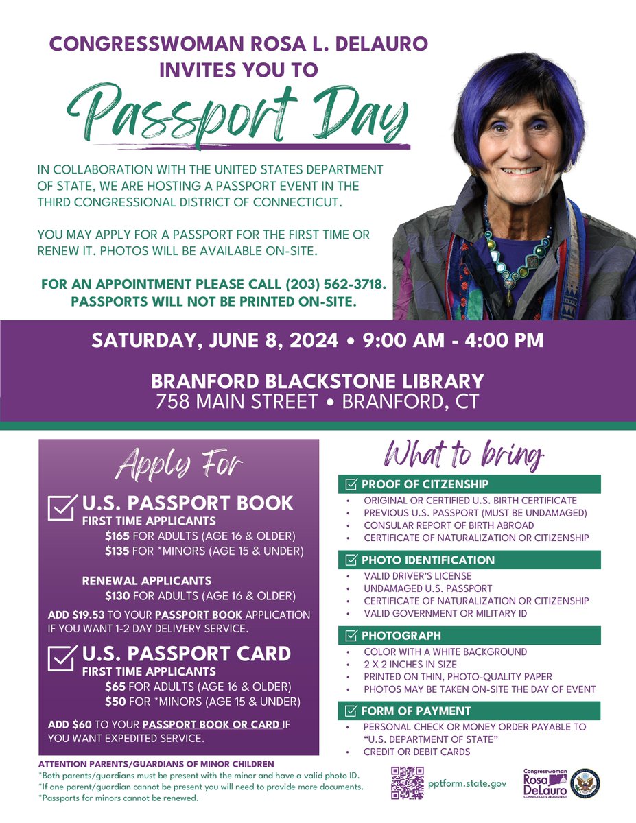 In collaboration with @StateDept, we are hosting a Passport Day at the Branford Blackstone Library on Saturday, June 8th from 9:00 a.m. - 4:00 p.m. Please be advised to call my office, this is an appointment-based event.